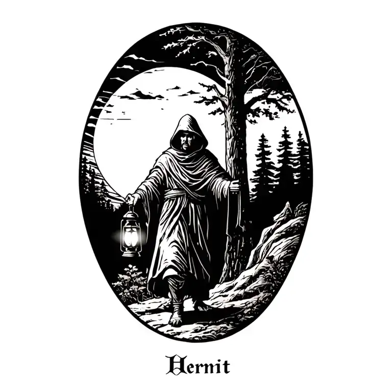 The hermit tarot card walking sideways in darkness holding a lantern thats emitting light. Hood over face with night sky tattoo design idea