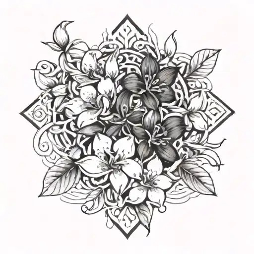 A tattoo design incorporating with jasmine flowers and diamonds intertwined throughout tattoo design idea