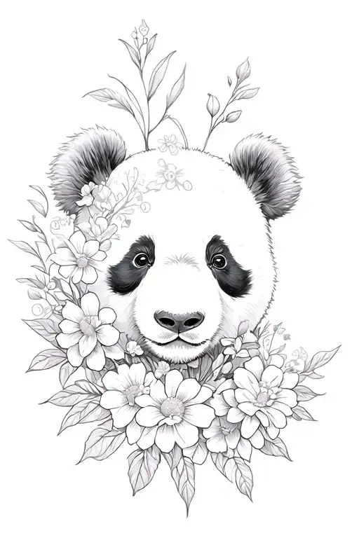 panda whos face is morphed into flowers growing tattoo design idea