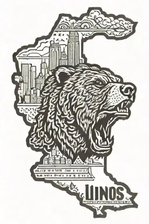 State of illinois outline, A roaring bear next to the state, Big chicago skyscrapers in the background  tattoo design idea
