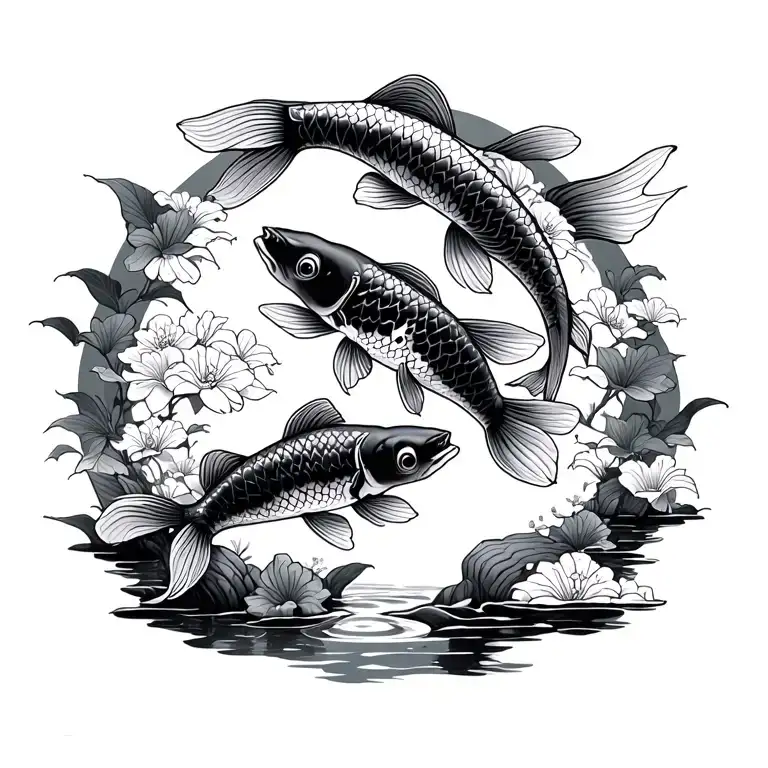 Japanese garden and koi fish tattoo design idea