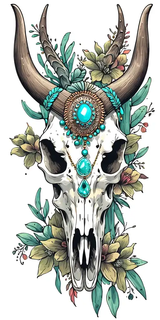 longhorn skull with native turqoise jewelry with cactus and western floral print around it  tattoo design idea