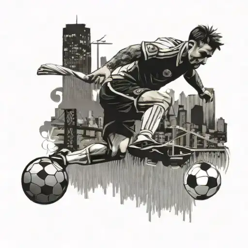 An intricate design of a soccer player kicking a ball with a city skyline in the background tattoo design idea