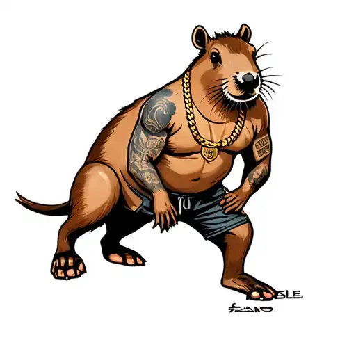 make a capybara like a latin criminal, using t-shirt, gold necklace, shorts, flip flop tattoo design idea
