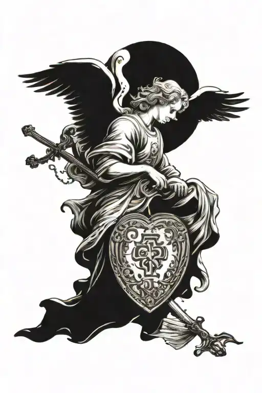 angel in heaven carrying a bag of money with a dagger stabbing a heart tattoo design idea