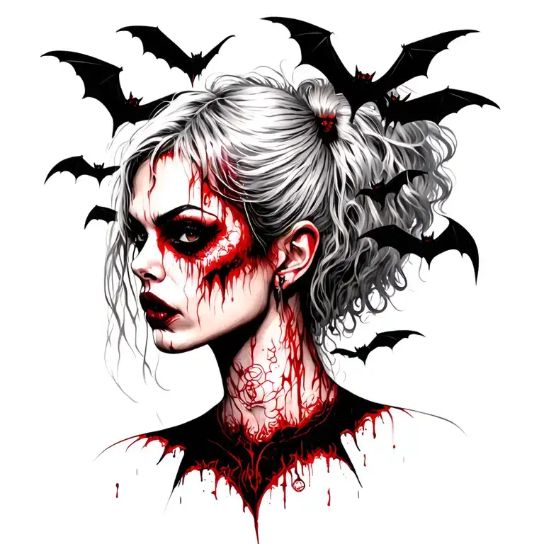 woman punk with gang of bats tattoo design idea