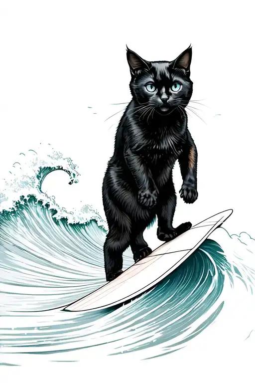black cat surfing wave standing up tattoo design idea