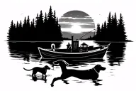 fishing boat going up a river towards the sun setting with a little dachshund and a German shorthaired pointer tattoo design idea