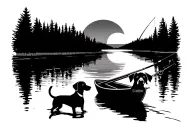 fishing boat going up a river towards the sun setting with a little dachshund and a German shorthaired pointer tattoo design idea