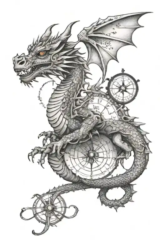 dragon with compass tattoo design idea
