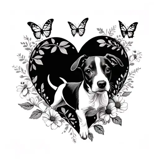 heart tattoo with flowers and butterfly outlined with jack Russell terrier inside minimalistic tattoo design idea