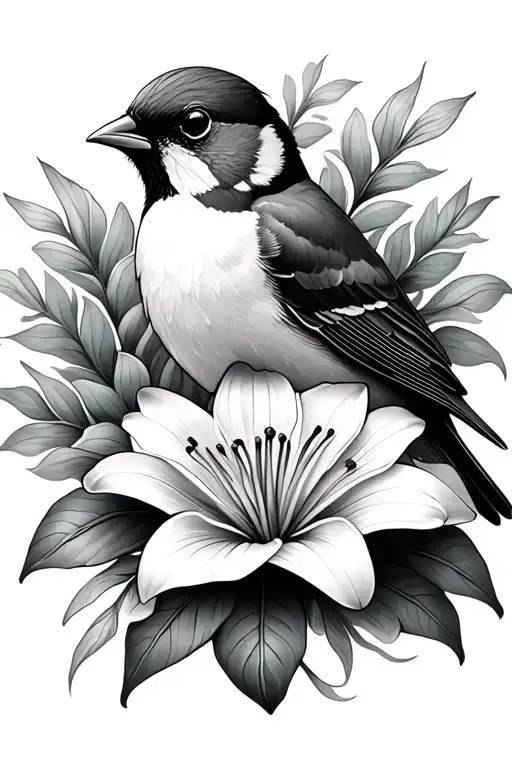 sparrow and lily flower tattoo design idea
