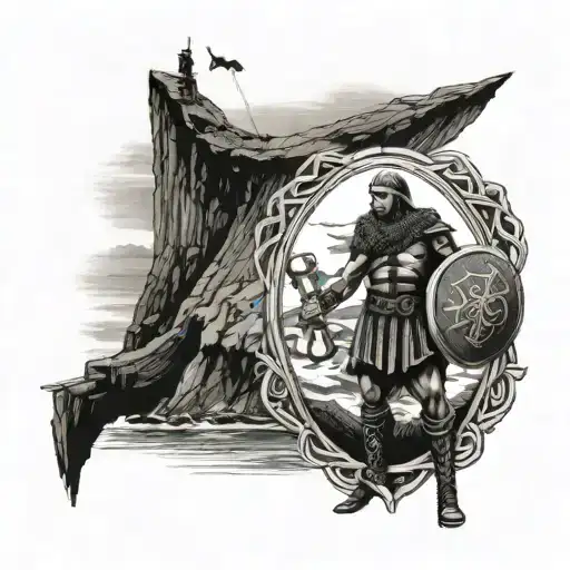 A realistic black and grey tattoo of a Celtic warrior with the Football Saints logo painted on his shield, standing on the cliffs of Ireland overlooking the sea, with a pirate ship in the distance tattoo design idea