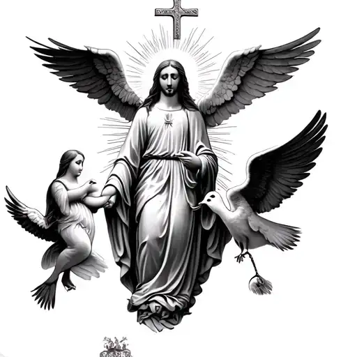 Jesus Christ mother mary big holy rays 3 angels 2 doves names idalina santan tattoo design idea
