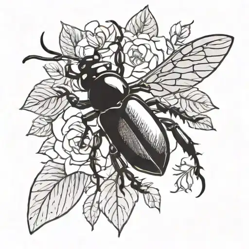 Stag beetle with open wings and a camellia flower coming out of its back tattoo design idea