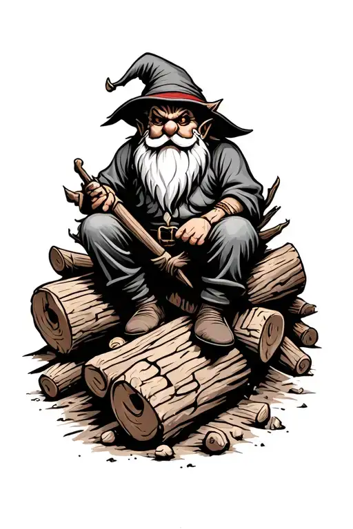 evil Redcap gnome sitting on pile of dead logs tattoo design idea