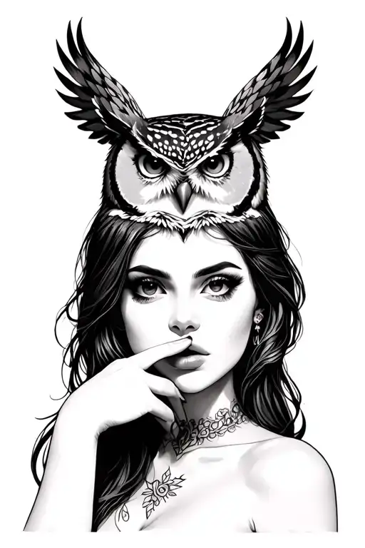 female with owl on head doing shh tattoo design idea