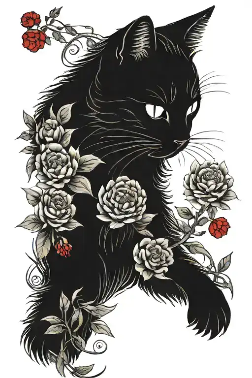 cat surrounded with japanese style red peonies flower tattoo tattoo design idea