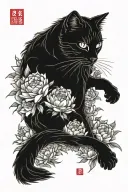 cat surrounded with japanese style red peonies flower tattoo tattoo design idea