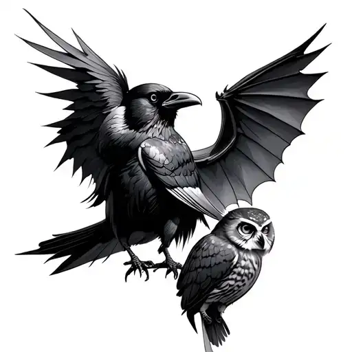 Make a symbolic tattoo using a crow, a Raven, a bat, a dove, and an owl. tattoo design idea