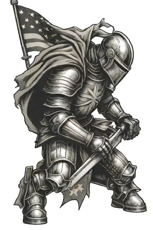 Knight kneeling with american flag tattoo design idea