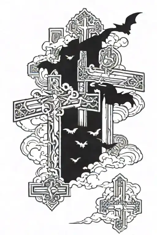 3 crosses with bats flying in the backgound with clouds tattoo design idea