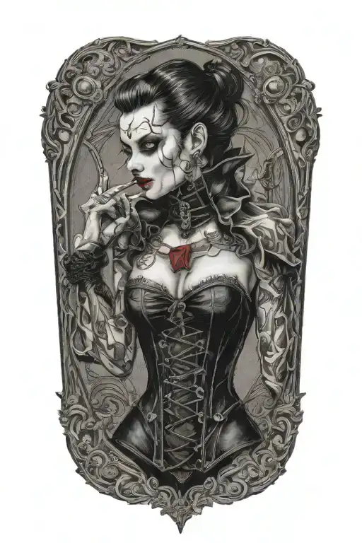male vampire bitting neck of gothic pinup girl wearing corset and fishnets tattoo design idea