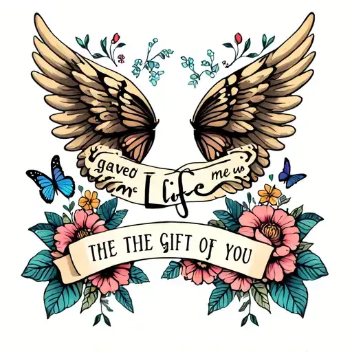 "Life gave me the gift of you" angel wings butterflies and flowers tattoo design idea