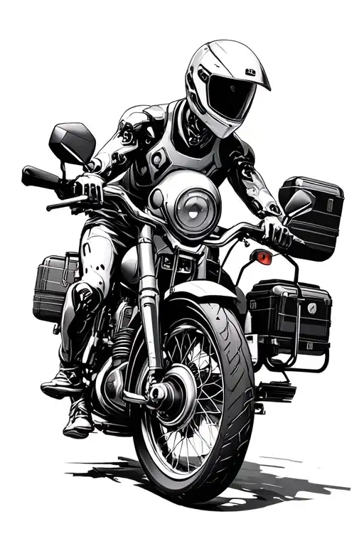 an ai futuristic that controls nature accompagnied with a person that is doing motorcycle with luggages tattoo design idea