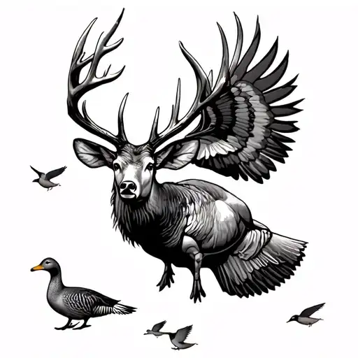 12 point buck, one turkey, five ducks flying all in a grassland in a valley tattoo design idea