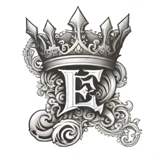 letter E with crown surrounded by bold tattoo design idea