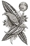 turkey feather, native american arrows, hilly forest, night time moon tattoo design idea