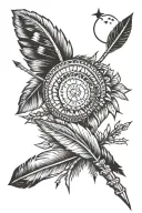 turkey feather, native american arrows, hilly forest, night time moon tattoo design idea