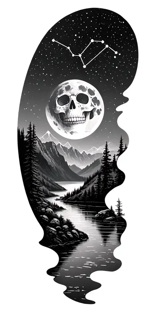 outdoor scene with mountains, lake and river under a starry night sky with Gemini constellation. have a skull face moon tattoo design idea