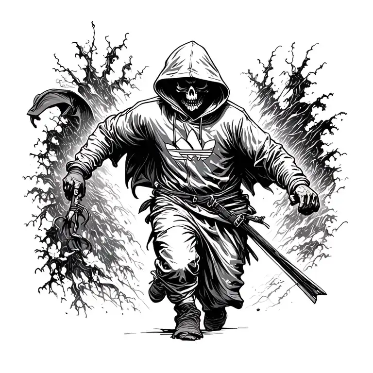 grim reaper wearing a addidas hoodie running in front tattoo design idea