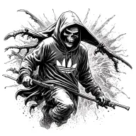 grim reaper wearing a addidas hoodie running in front tattoo design idea
