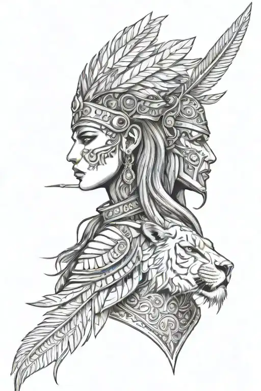 female warrior with lion head profile holding and feathers tattoo design idea