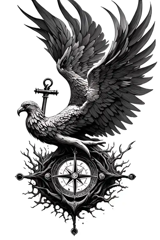Phoenix rising from ashes Tree of life Anchor and compass  tattoo design idea