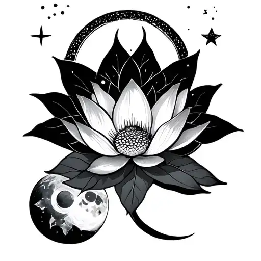 lotus flower, 3 kinds of stars, a lotus flower, a sun and a moon tattoo design idea