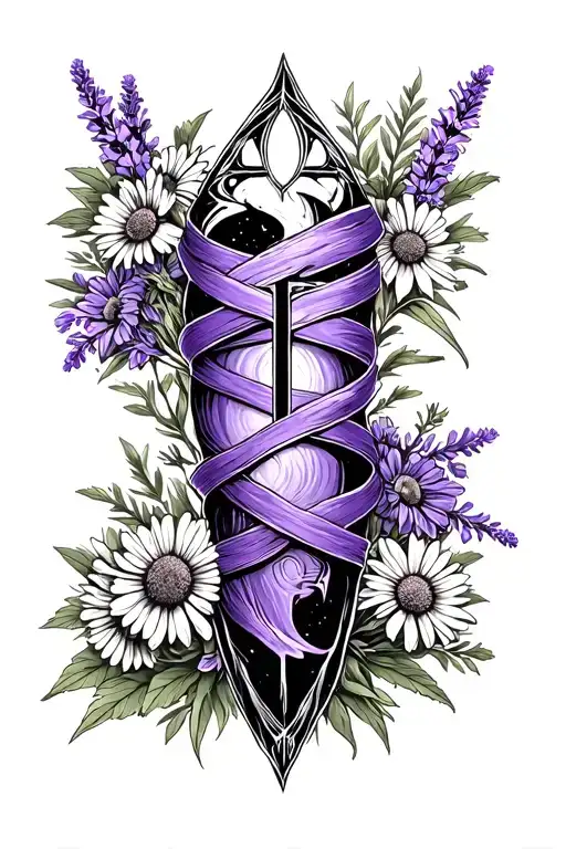 The rune Algiz wrapped in lavender and chamomile in a large full leg design with gothic black and grey artstyle tattoo design idea