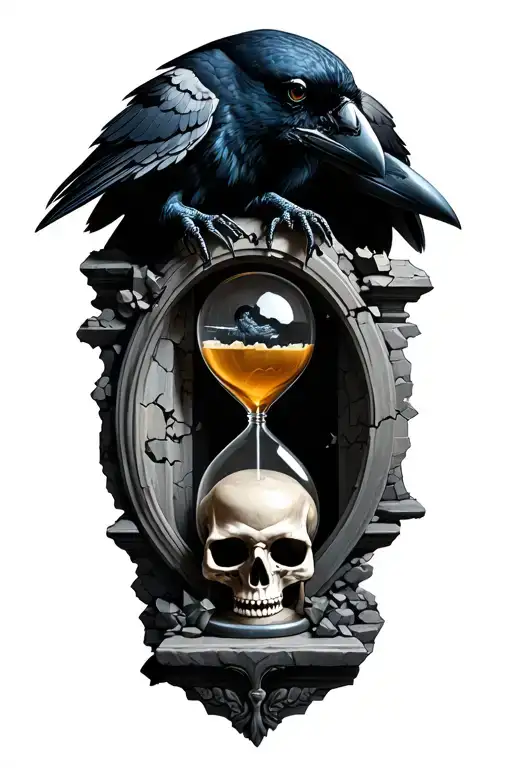 Raven, skull, broken hourglass, stone portal. the raven should be somehow overlaying with its wing above the skull. tattoo design idea