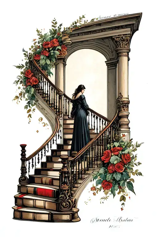 Dark Romance book staircase with fantasy scene tattoo design idea