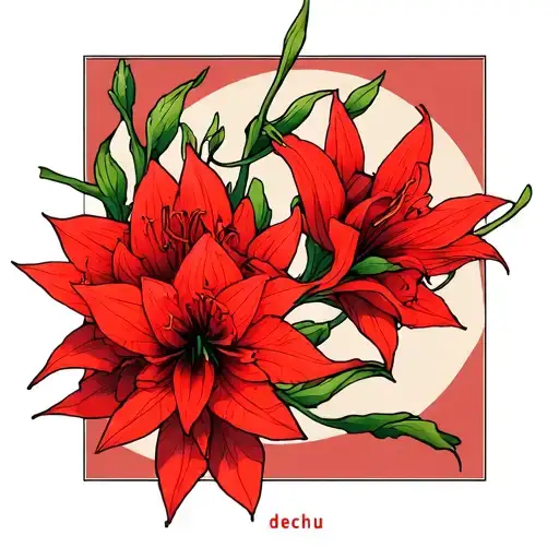 Red lycoris with writing '' angel dechu '' in Japanese tattoo design idea
