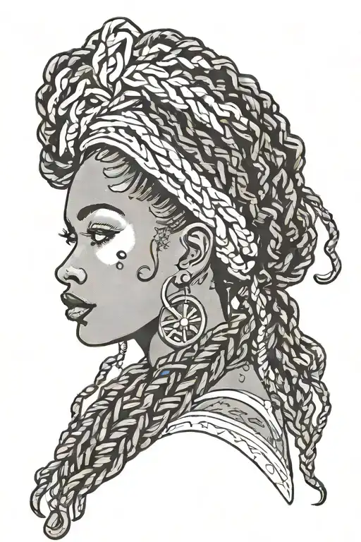 African American pinup girl side profile  freckles tattoos and dark skin with box braids  tattoo design idea