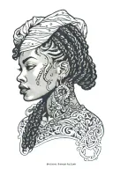 African American pinup girl side profile  freckles tattoos and dark skin with box braids  tattoo design idea