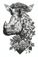 head of a rhino surrounded by trees. And changes into geometric shapes tattoo design idea