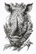 head of a rhino surrounded by trees. And changes into geometric shapes tattoo design idea