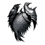 Knight armor with fish scales with a small raven, Celtic characters, style mytical tattoo design idea