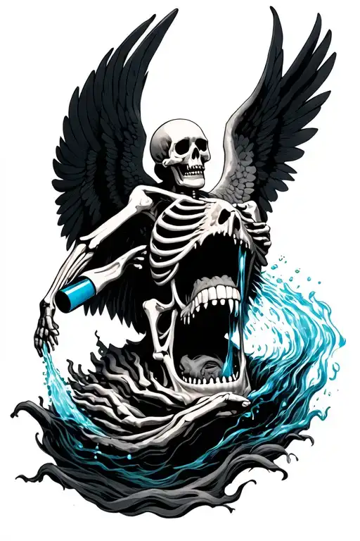 skeleton angel pouring water into demons mouth tattoo design idea