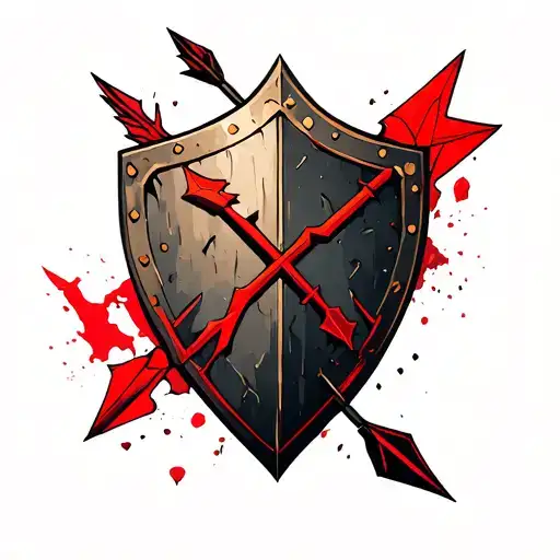 damaged shield with a broken arrow and red details tattoo design idea